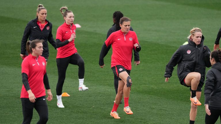 Canada's Christine Sinclair and her teammates run during a training session at the FIFA Women's World Cup in Melbourne, Australia, Sunday, July 30, 2023. (Scott Barbour/CP)