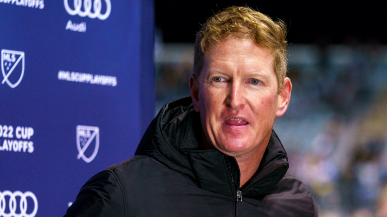 Philadelphia Union head coach Jim Curtin looks on after being interviewed following the second half of an MLS soccer match against New York City FC, Sunday, Oct. 30, 2022, in Chester, Pa. (AP)