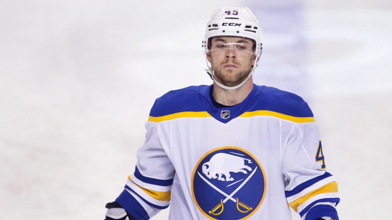 NHL profile photo on former Buffalo Sabres player Casey Fitzgerald during a game against the Calgary Flames in Calgary, Alta., on Oct. 20, 2022. THE CANADIAN PRESS IMAGES/Larry MacDougal