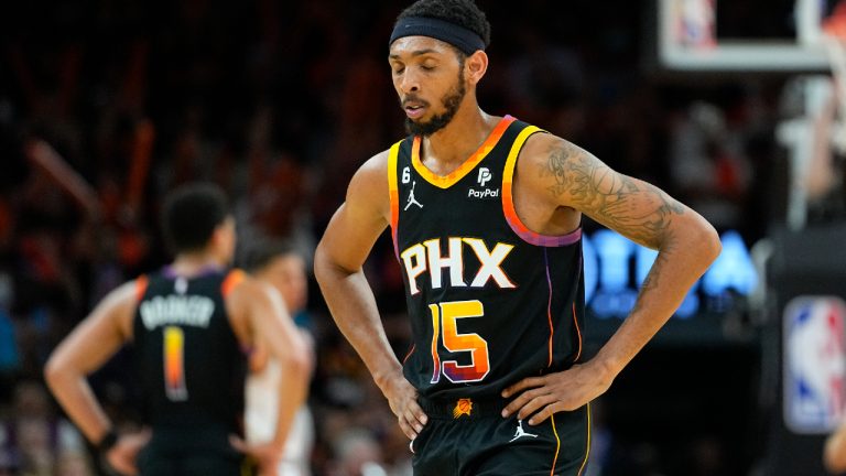 Phoenix Suns guard Cameron Payne (15) reacts after a foul call during the first half of Game 6 of an NBA basketball Western Conference semifinal game against the Denver Nuggets, Thursday, May 11, 2023, in Phoenix. (Matt York/AP)