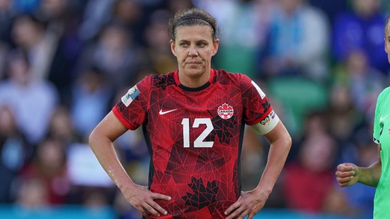 Canada's Christine Sinclair looks on during Group B soccer action against Nigeria at the FIFA Women's World Cup in Melbourne, Australia, Friday, July 21, 2023. (Scott Barbour/CP)