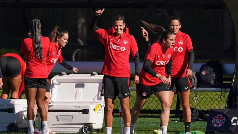 Canada's Christine Sinclair gestures during a training session ahead of the FIFA Women's World Cup in Melbourne, Australia, Monday, July 17, 2023. (Scott Barbour/CP)