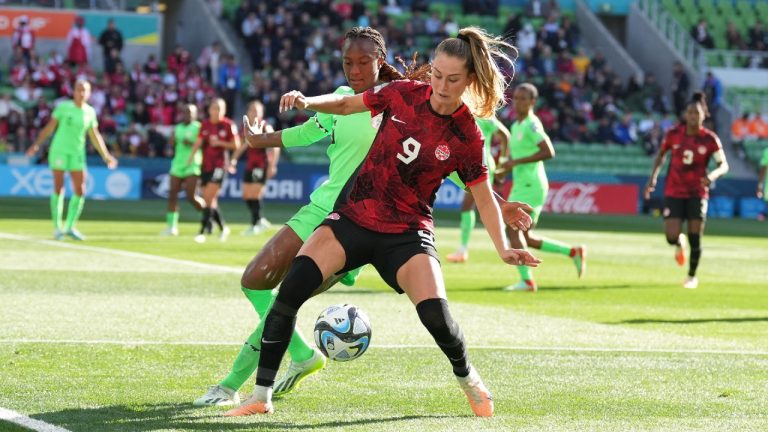 Canada's Jordyn Huitema protects the ball against Nigeria during Group B soccer action at the FIFA Women's World Cup in Melbourne, Australia, Friday, July 21, 2023. (Scott Barbour/CP)