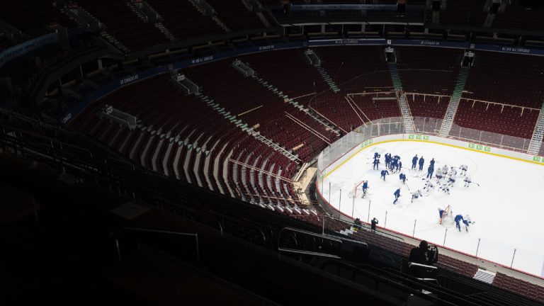 The Vancouver Canucks take part in a team training camp at Rogers Arena in Vancouver, Tuesday, January 12, 2021. (Jonathan Hayward/CP)