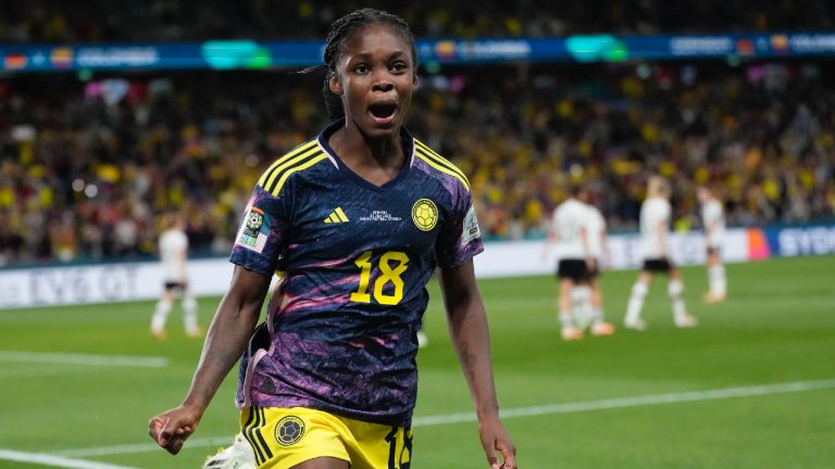 Colombia's Linda Caicedo celebrates after scoring her side's opening goal during the Women's World Cup Group H soccer match between Germany and Colombia at the Sydney Football Stadium in Sydney, Australia, Sunday, July 30, 2023. (Rick Rycroft/AP)