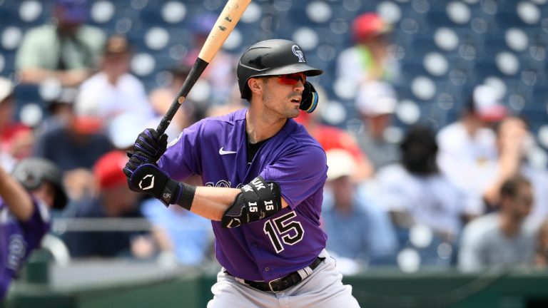 Colorado Rockies' Randal Grichuk in action during a baseball game against the Washington Nationals, Wednesday, July 26, 2023, in Washington. (Nick Wass/AP)