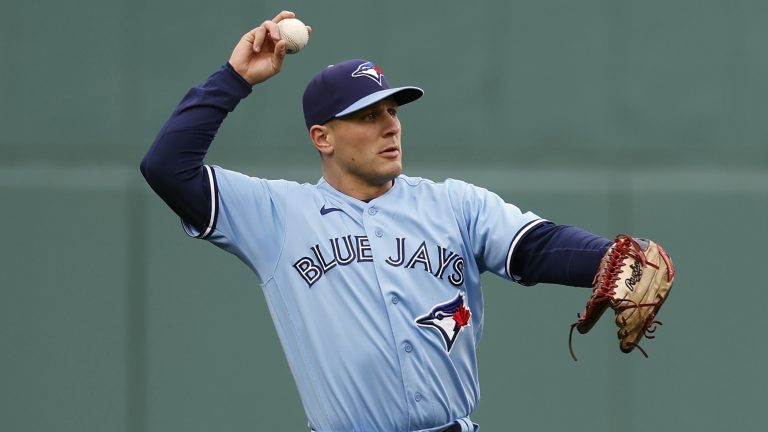 Toronto Blue Jays' Daulton Varsho plays against the Boston Red Sox during the first inning of a baseball game, Thursday, May 4, 2023, in Boston. (Michael Dwyer/AP)