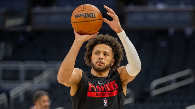 Detroit Pistons guard Cade Cunningham warms up before an NBA basketball game against the Indiana Pacers in Indianapolis, Saturday, Oct. 22, 2022. (Doug McSchooler/AP)