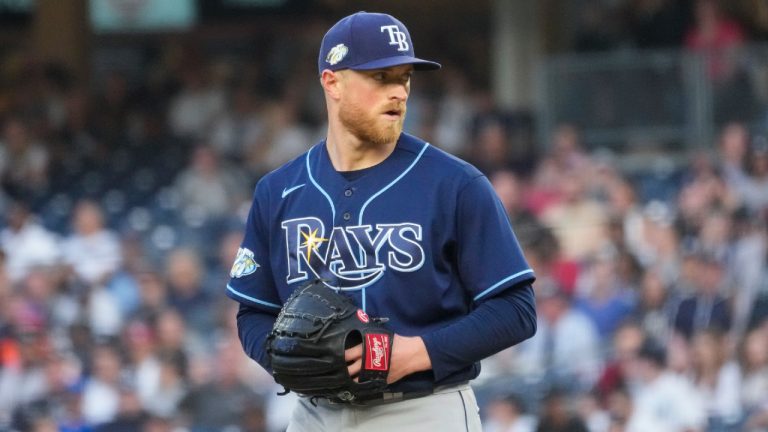 Tampa Bay Rays pitcher Drew Rasmussen delivers against the New York Yankees in the first inning of a baseball game, Thursday, May 11, 2023, in New York. (Mary Altaffer/AP)