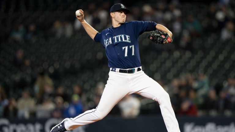 Seattle Mariners starting pitcher Chris Flexen throws against the Milwaukee Brewers during the first inning of a baseball game Monday, April 17, 2023, in Seattle. (Lindsey Wasson/AP)