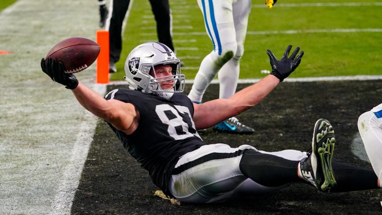 Las Vegas Raiders tight end Foster Moreau (87) celebrates a touchdown catch against the Indianapolis Colts in the first half of an NFL football game in Las Vegas, Sunday, Nov. 13, 2022. (Matt York/AP)