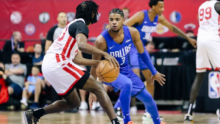 Dallas Mavericks' Jaden Hardy (3) guards Chicago Bulls' Javon Freeman-Liberty (50) during an NBA summer league basketball game in Las Vegas on Friday, July 8, 2022. (Wade Vandervort/Las Vegas Sun via AP)