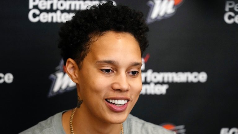 Phoenix Mercury WNBA basketball All-Star centre Brittney Griner smiles as she answers a question while discussing recent team events during a news conference Monday, June 26, 2023, in Phoenix. (Ross D. Franklin/AP)