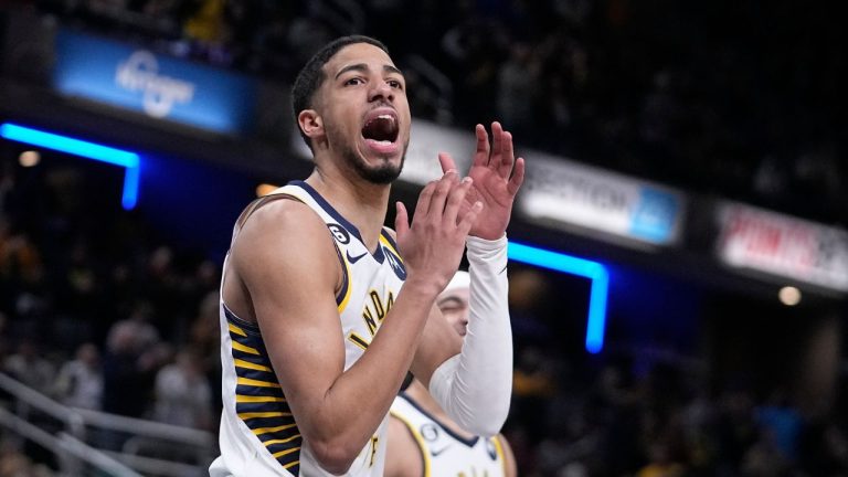 Indiana Pacers' Tyrese Haliburton reacts during overtime of an NBA basketball game against the Houston Rockets, Thursday, March 9, 2023, in Indianapolis. (Darron Cummings/AP Photo)