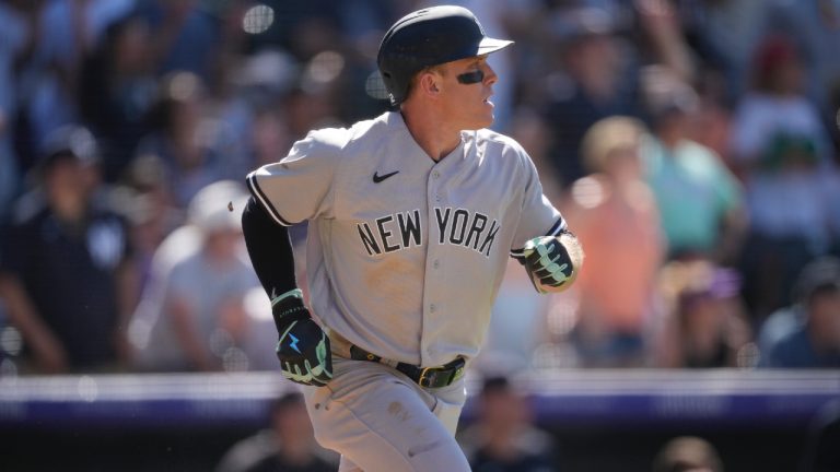 New York Yankees centre fielder Harrison Bader (22) in the ninth inning of a baseball game Sunday, July 16, 2023, in Denver. (David Zalubowski/AP)