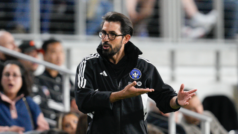 CF Montreal head coach Hernán Losada gestures on the sidelines during an MLS soccer match against FC Cincinnati Wednesday, May 17, 2023, in Cincinnati. (AP Photo/Jeff Dean)