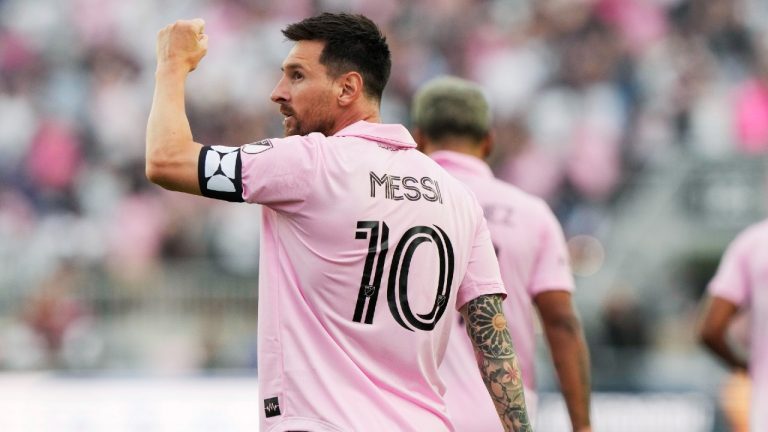 Inter Miami forward Lionel Messi (10) reacts after scoring a goal during the first half of a Leagues Cup soccer match against Atlanta United, Tuesday, July 25, 2023, in Fort Lauderdale, Fla. (Lynne Sladky/AP)