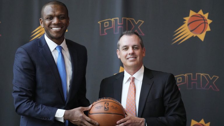 Phoenix Suns new head coach Frank Vogel, right, stands with James Jones, president of basketball operations and general manager for the Phoenix Suns, during a news conference Tuesday, June 6, 2023, in Phoenix. (Ross D. Franklin/AP)