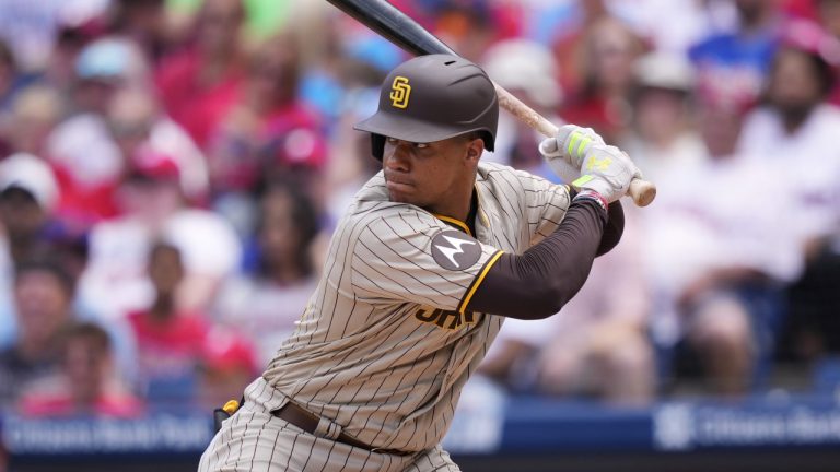 San Diego Padres' Juan Soto plays during the first baseball game in a doubleheader, Saturday, July 15, 2023, in Philadelphia. (Matt Slocum/AP)