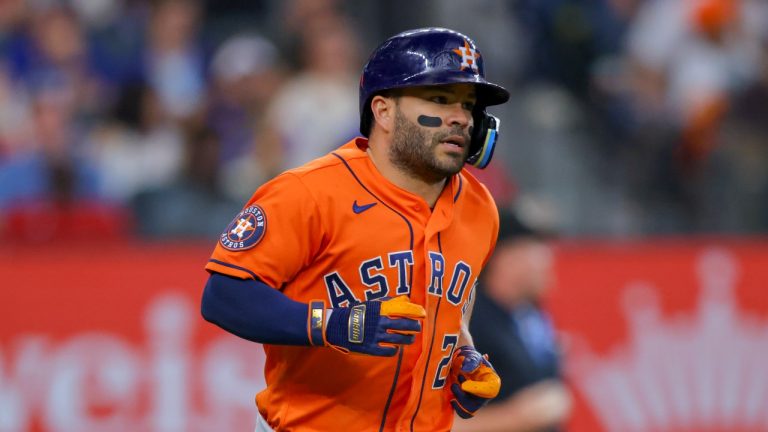 Houston Astros' Jose Altuve jogs the bases after hitting a homer in the ninth inning of a baseball game against the Texas Rangers, Sunday, July 2, 2023, in Arlington, Texas. (AP)