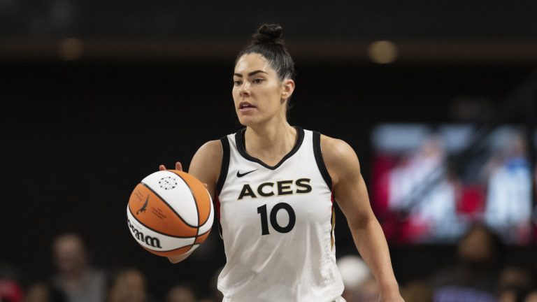 Las Vegas Aces guard Kelsey Plum (10) during a WNBA basketball game against the Atlanta Dream, Friday, June 2, 2023, in College Park, Ga. (Danny Karnik/AP)