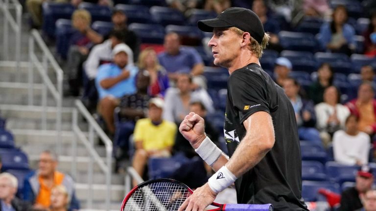 Kevin Anderson, of South Africa, reacts to winning a point against Diego Schwartzman, of Argentina, during the second round of the US Open tennis championships, on Sept. 1, 2021, in New York. Two-time Grand Slam finalist Kevin Anderson will end his retirement to play in the Hall of Fame Open this month. The 37-year-old South African had announced his retirement 14 months ago but accepted a wild card entry to compete at the event he won in 2021. (AP Photo/Frank Franklin II, File)