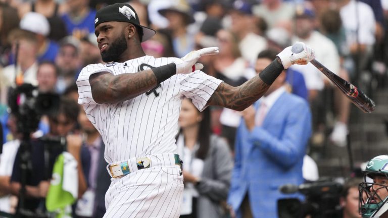 American League's Luis Robert, Jr., hits during the first round of the MLB All-Star baseball Home Run Derby in Seattle, Monday, July 10, 2023. (Ted Warren/AP)