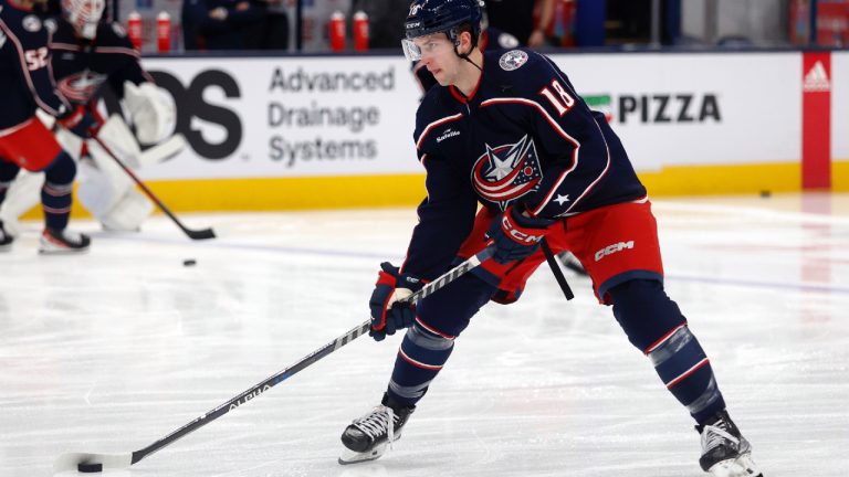 Columbus Blue Jackets forward Lane Pederson warms up before the team's NHL hockey game against the Winnipeg Jets in Columbus, Ohio, Thursday, Feb. 16, 2023. (Paul Vernon/AP)