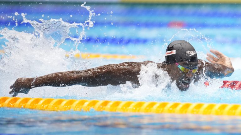 Josh Liendo of Canada competes during the men's 100m butterly semifinal at the World Swimming Championships in Fukuoka, Japan, Friday, July 28, 2023. (Eugene Hoshiko/AP)