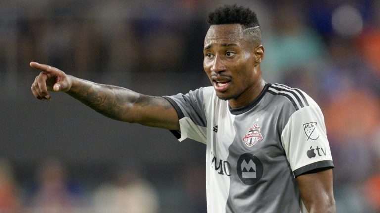 Former Toronto FC midfielder Mark-Anthony Kaye (14) gestures during a MLS soccer match against FC Cincinnati Wednesday, June 21, 2023, in Cincinnati. (Jeff Dean/AP)