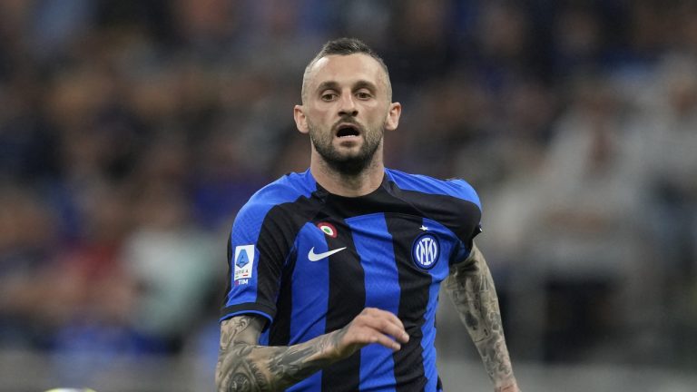 Inter Milan's Marcelo Brozovic controls the ball during the Serie A soccer match between Inter Milan and Atalanta at the San Siro Stadium, in Milan, Italy, Saturday, May 27, 2023. (Antonio Calanni/AP)