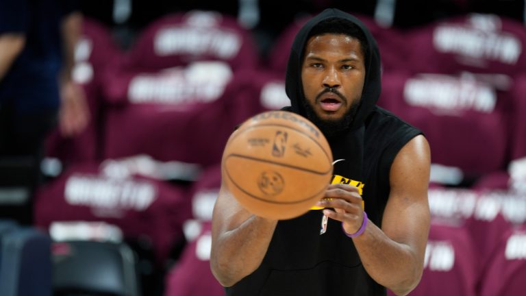 Los Angeles Lakers guard Malik Beasley warms up before Game 1 of the NBA basketball Western Conference Final series against the Denver Nuggets Tuesday, May 16, 2023, in Denver. (David Zalubowski/AP)