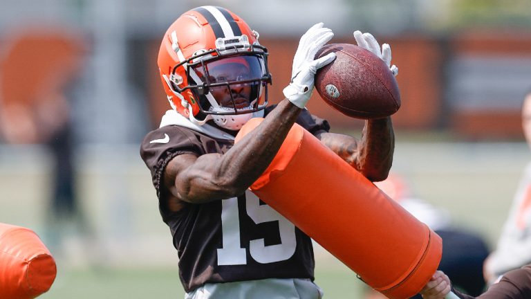 Cleveland Browns wide receiver Marquise Goodwin takes part in drills at the NFL football team's practice facility Wednesday, June 7, 2023, in Berea, Ohio. (Ron Schwane/AP)