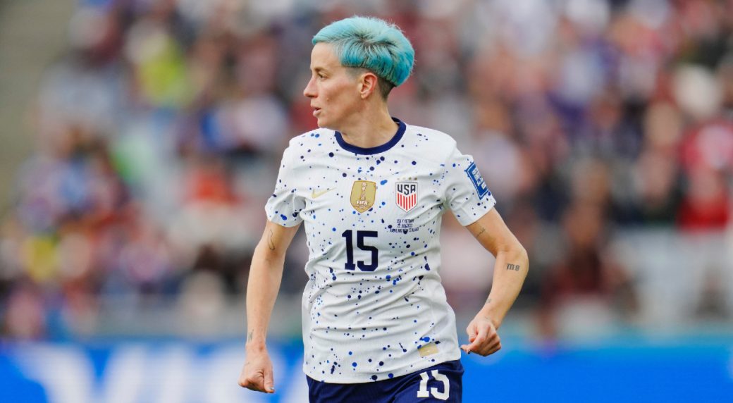 United States' Megan Rapinoe warms up before the Women's World Cup Group E  soccer match between the United States and Vietnam at Eden Park in  Auckland, New Zealand, Saturday, July 22, 2023. (