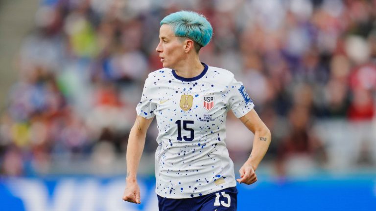 United States' Megan Rapinoe follows play during the second half of the FIFA Women's World Cup soccer match between the United States and Vietnam at Eden Park in Auckland, New Zealand, Saturday, July 22, 2023. (Abbie Parr/AP)