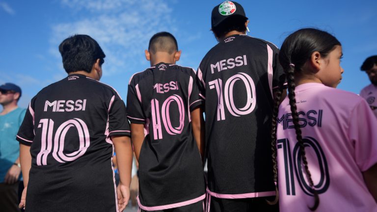 Lionel Messi fans from North Lauderdale, Fla., wait to enter the stadium before a Leagues Cup soccer match between Inter Miami and Cruz Azul, Friday, July 21, 2023, in Fort Lauderdale, Fla. (Rebecca Blackwell/AP)