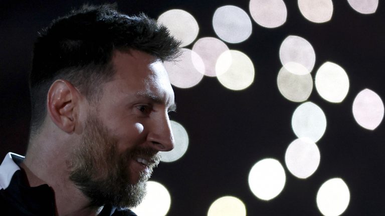 Argentinian soccer player Lionel Messi smiles during Maximiliano Rodriguez's farewell match at Marcelo Bielsa stadium in Rosario, Argentina, Saturday, June 24, 2023. (Nicolas Aguilera/AP)