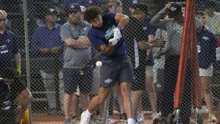 Draft prospect Myles Naylor participates in the MLB baseball draft combine, Wednesday, June 21, 2023, in Phoenix. (Matt York/AP Photo)