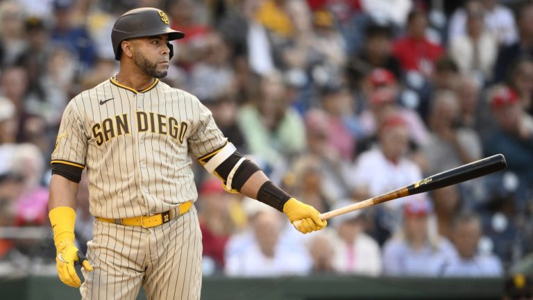 Former San Diego Padre Nelson Cruz in action during a baseball game against the Washington Nationals, Thursday, May 25, 2023, in Washington. The Padres won 8-6. (Nick Wass/AP)