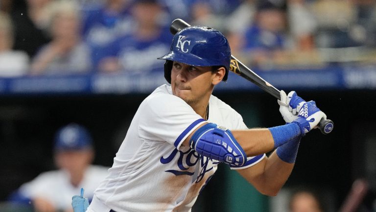 Kansas City Royals' Nicky Lopez bats during the fifth inning of a baseball game against the Cleveland Guardians Tuesday, June 27, 2023, in Kansas City, Mo. (Charlie Riedel/AP)