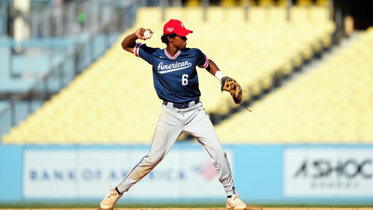 Arjun Nimmala of the American League Team throws to first for the out during the MLB-USA Baseball High School All-American Game at Dodger Stadium on Friday, July 15, 2022 in Los Angeles. (Daniel Shirey/MLB Photos via Getty Images)