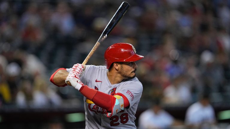 St. Louis Cardinals' Nolan Arenado hits against the Arizona Diamondbacks during the first inning of a baseball game, Tuesday, July 25, 2023, in Phoenix. (Matt York/AP)