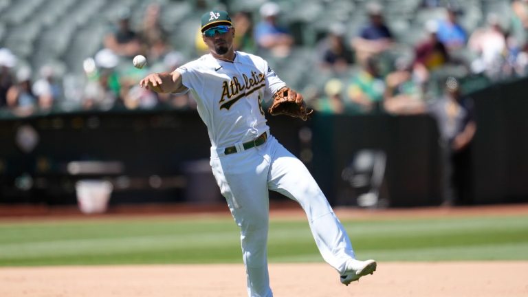 Oakland Athletics' Jace Peterson during a baseball game against the Houston Astros in Oakland, Calif., Sunday, July 23, 2023. (Jeff Chiu/AP)