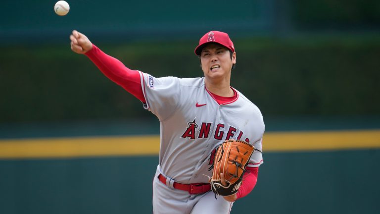 Los Angeles Angels pitcher Shohei Ohtani throws a warmup pitch against the Detroit Tigers in the first inning during the first baseball game of a doubleheader, Thursday, July 27, 2023, in Detroit. (Paul Sancya/AP)