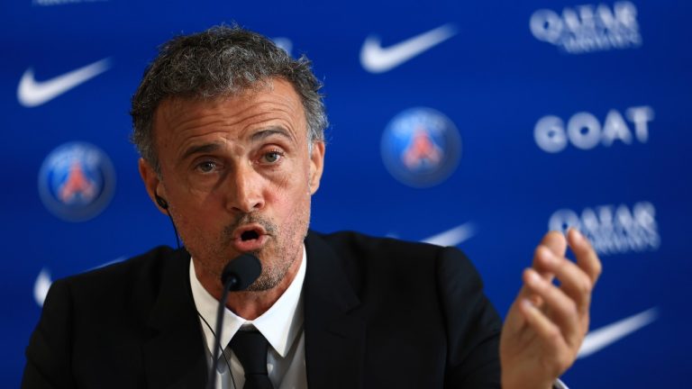 Newly named PSG coach Luis Enrique speaks during a press conference at the new Paris-Saint-Germain training ground Wednesday, July 5, 2023 in Poissy, west of Paris. Paris Saint-Germain fired coach Christophe Galtier after a disappointing season on and replaced him with former Spain and Barcelona manager Luis Enrique. (Aurelien Morissard/AP)