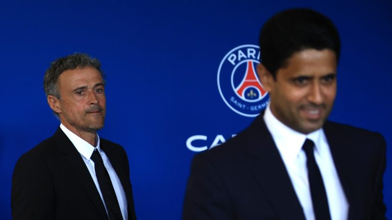 Newly named PSG coach Luis Enrique, left, follows PSG president Nasser Al-Khelaifi at the new Paris-Saint-Germain training ground Wednesday, July 5, 2023 in Poissy, west of Paris. Paris Saint-Germain fired coach Christophe Galtier after a disappointing season on and replaced him with former Spain and Barcelona manager Luis Enrique. (Aurelien Morissard/AP)