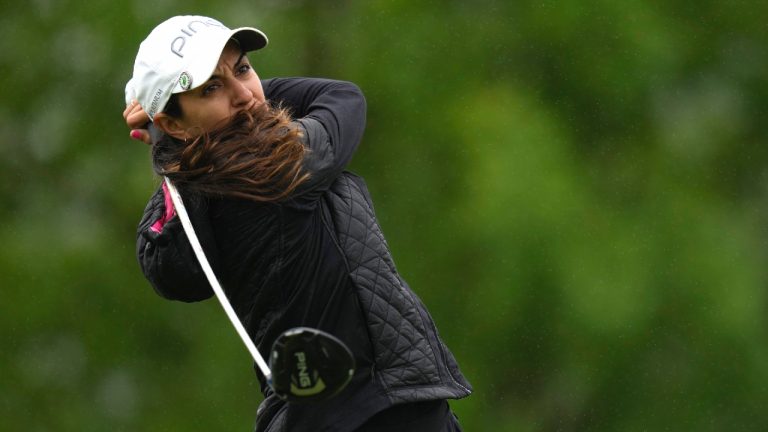 Paula Reto, of South Africa, tees off on the 13th hole during the first round of the Women's PGA Championship golf tournament, Thursday, June 22, 2023, in Springfield, N.J. (AP)