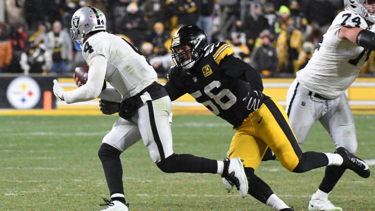 Pittsburgh Steelers linebacker Alex Highsmith (56) sacks Las Vegas Raiders quarterback Derek Carr (4). (Fred Vuich/AP)