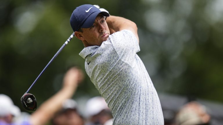 Rory McIlroy tees off on the first hole during the first round of the Travelers Championship golf tournament at TPC River Highlands, Thursday, June 22, 2023, in Cromwell, Conn. (AP)