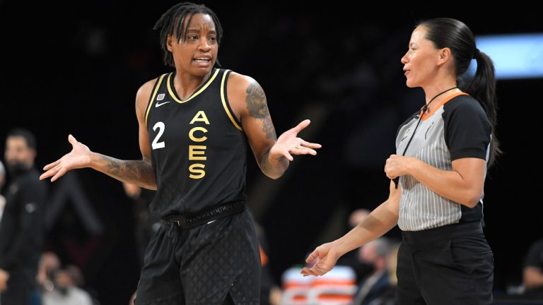 Las Vegas Aces guard Riquna Williams (2) reacts after referee's call against the Phoenix Mercury during the second half of Game 2 in the semifinals of the WNBA playoffs Thursday, Sept. 30, 2021, in Las Vegas. (David Becker/AP)